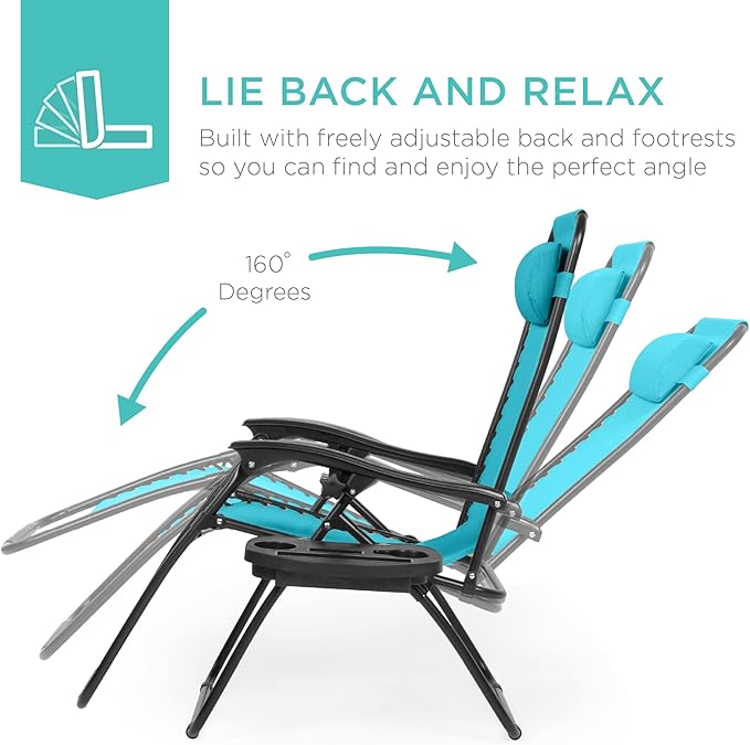 Best Choice Products Set of 2 Adjustable Steel Mesh Zero Gravity Lounge Chair Recliners w/Pillows and Cup Holder Trays - Peacock Blue - Image 4