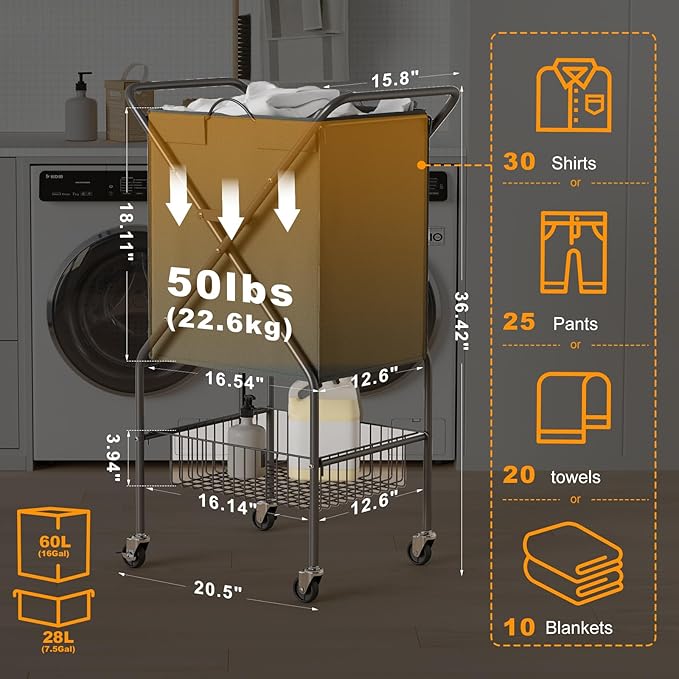 Laundry Basket with Wheels:88L Rolling Laundry Cart Foldable Metal Frame Dirty - Image 9