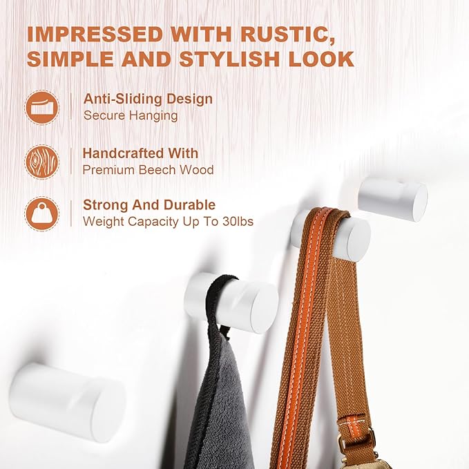 Wood Wall Hooks, 4 Pack White Decorative Coat Hooks Wall Mounted, Modern Hat - Image 3