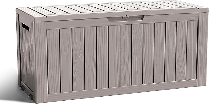 ROJIK Outdoor Storage Housing Deck Box - Waterproof Patio Furniture, Garden Tools, Cushions, Pool Accessories Storage Bench with Lockable Lid and Side Handles (Grey 90 Gal) by ROJIK