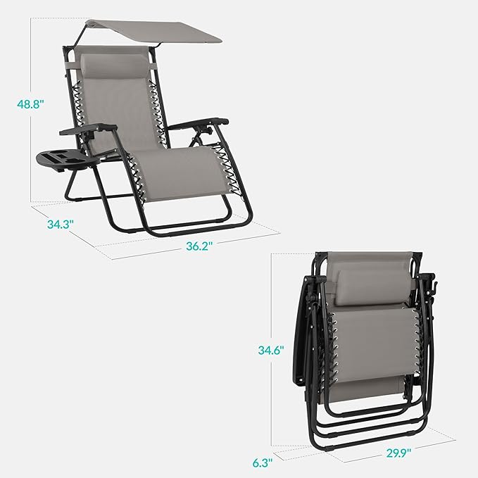 Best Choice Products 30” Wide Folding Zero Gravity Outdoor Recliner Patio Lounge Chair w/Adjustable Canopy Shade, Headrest, Side Accessory Tray - Ice Gray - Image 2