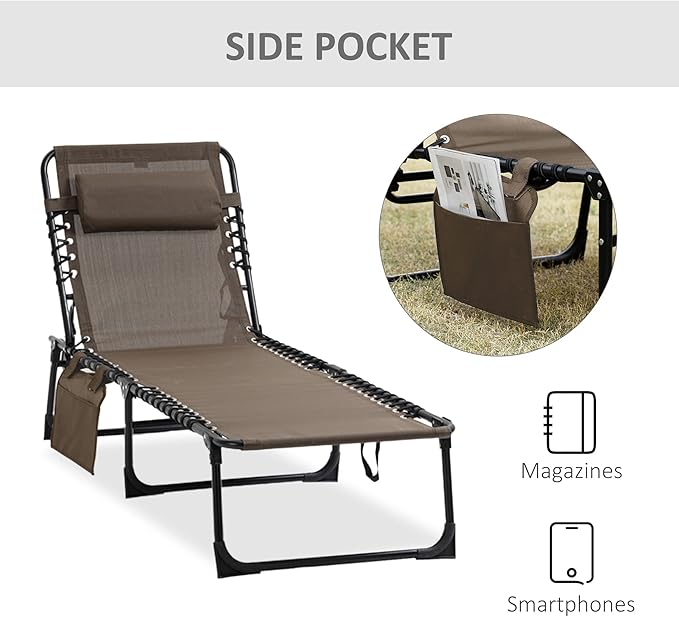 Outsunny Chaise Lounge Chair Outdoor, 5-Position Adjustable Sun Tanning Chair with Carrying Handle and Side Pocket, Folding Bed Cot with Removable Pillow for Garden, Beach, Patio, Pool, Camp, Brown - Image 7