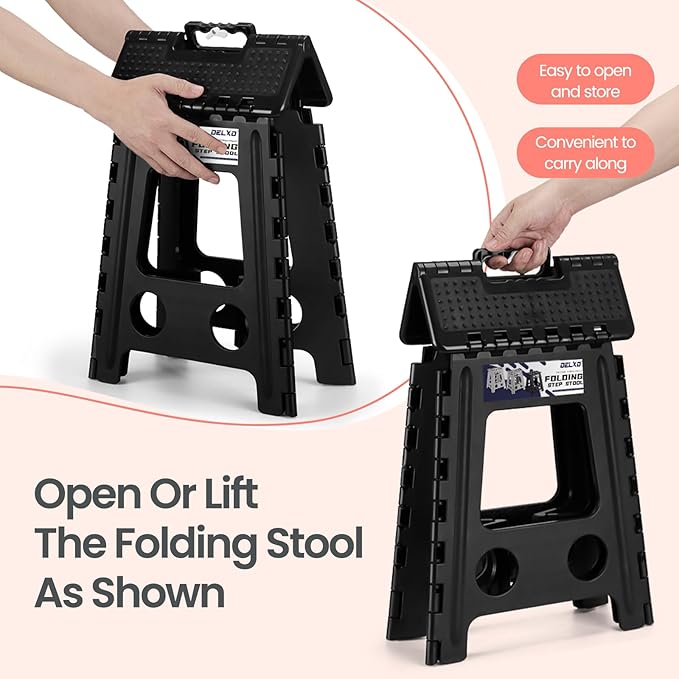 Delxo Folding Step Stool 16 Inch,Non-Slip Foldable Stools for Adults Up to 300 LBS,Kitchen Collapsible Fold Up Stepping Stool with Dotted 1 Pack,Black - Image 6