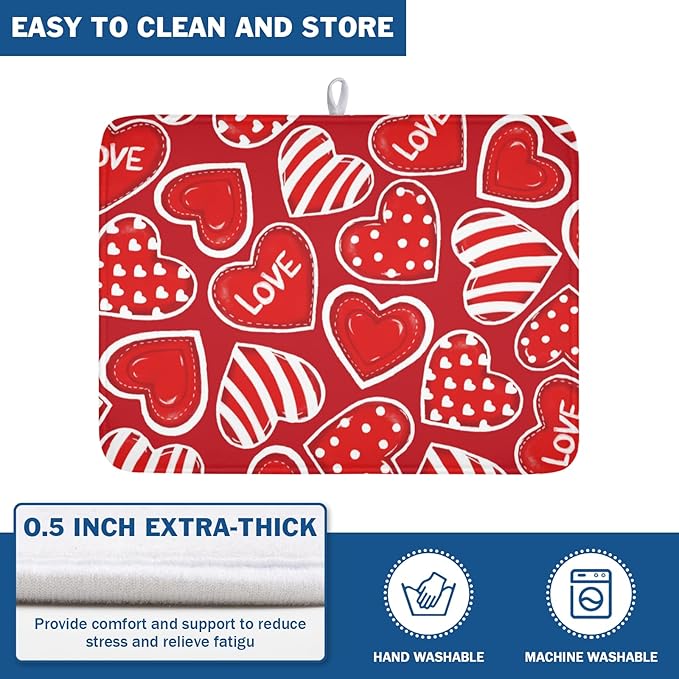 Valentines Day Dish Drying Mat for Kitchen Counter Red Polka Dot Stripe Love - Image 5