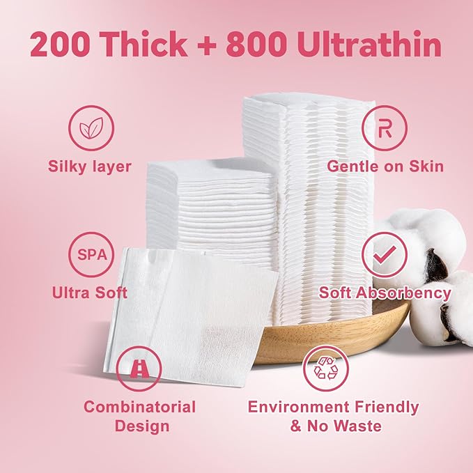 Square Makeup Cotton Pads, 200 Thick and 800 Ultra-Thin Soft, Lint-Free Pads - Image 2