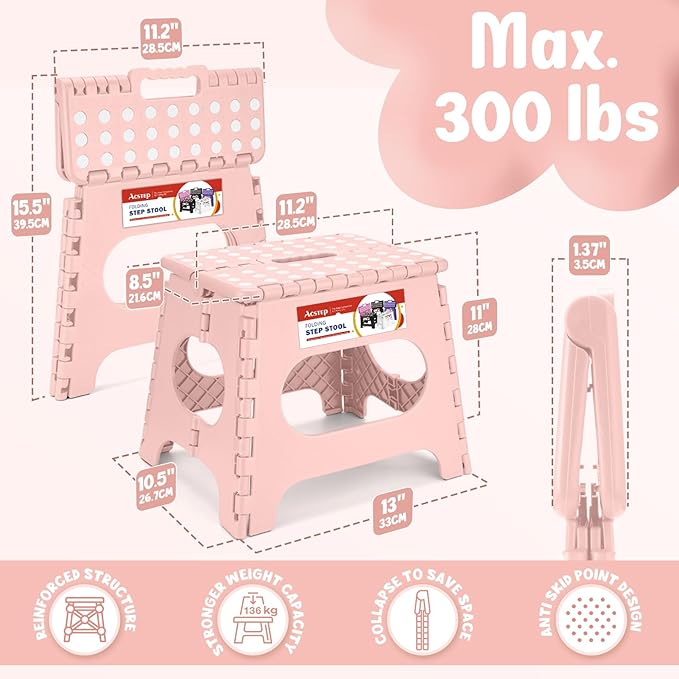 ACSTEP Folding Step Stool 11 Inch, Sturdy Plastic Foldable Step Stool for Kids & Adults, Non Slip Lightweight Collapsible Foot Stools Holds 300 lbs, Ideal for Kitchen, Bathroom, Bedroom, Light Pink - Image 3