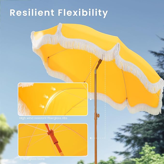 PHI VILLA 7ft Beach Umbrella with Fringe & Sand Anchor, Outdoor Patio Heavy Duty Windproof Portable Tassel Umbrellas for Sand with Push Button Tilt & Carrying Bag, UPF 50+, Yellow - Image 4