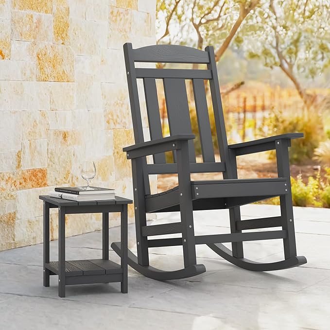 LUE BONA Outdoor Rocking Chairs Set of 2, Weather Resistant HDPS Poly Rocker Chairs, 350lb Heavy Duty, Oversized Porch Rocker for Adult, High Back Smooth Rocking Chairs for Outdoor & Indoor, Gray - Image 6