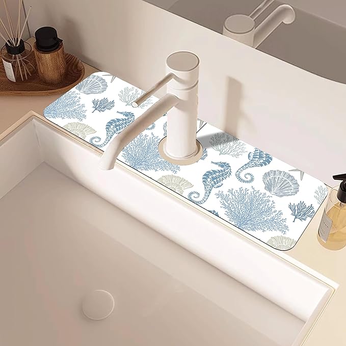 Marine Seashell Seahorse Coral Kitchen Sink Splash Guard Mat Absorbent Fast - Image 2