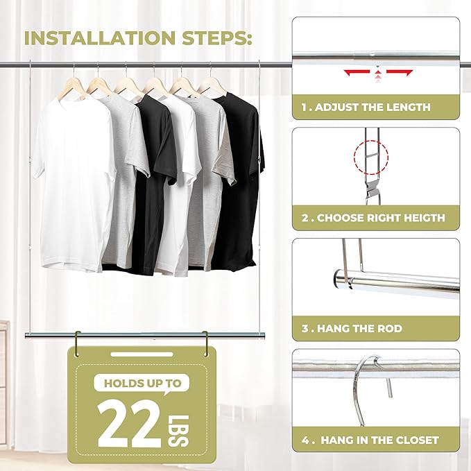 Hanging Closet Rod, 17-29In Adjustable Width and Up to 37In Height Adjustable - Image 2