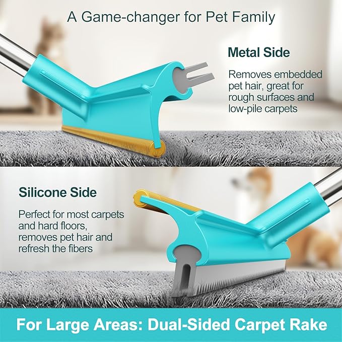 Carpet Rake for Pet Hair Removal, Dog Cat Fur Remover Rubber Broom, Stainless - Image 3