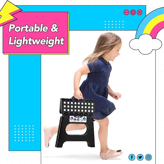 Delxo Folding Step Stool,11 Inch Non-Slip Foldable Step Stools for Kids and Adults,Portable Foldable Step Stool Lightweight Small Folding Stool with Handle for Kitchen Bathroom in Black,1 Pack - Image 2