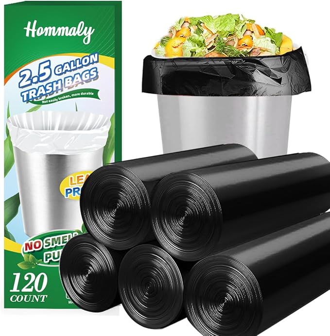 2.5 Gallon 120 pcs Small Black Trash Bags, Strong 2.5 Gallon 2.6 Gallon Garbage by HOMMALY