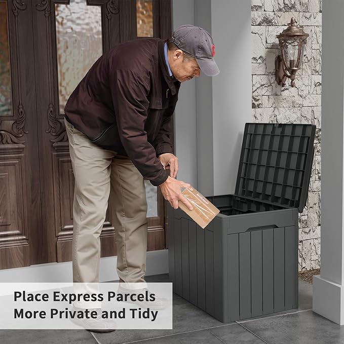 Flamaker Deck Box 31 Gallon Waterproof Resin Small Deck Box with Lid, Indoor Outdoor Package Delivery Box, Organization and Storage for Patio Furniture, Garden Tools, Outdoor Cushions (Grey) - Image 2