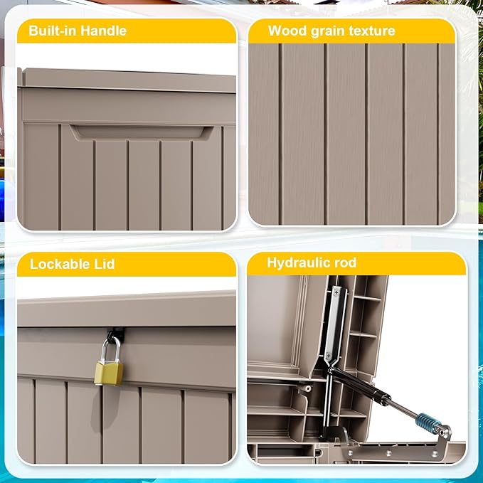 Deck Box - 280 Gallon Large Outdoor Storage box,Waterproof Patio Furniture and Storage Deck - Lockable and UV Resistant, Perfect for Pool and Outdoor Use, Weatherproof Resin, Lockable (Light Brown) - Image 5