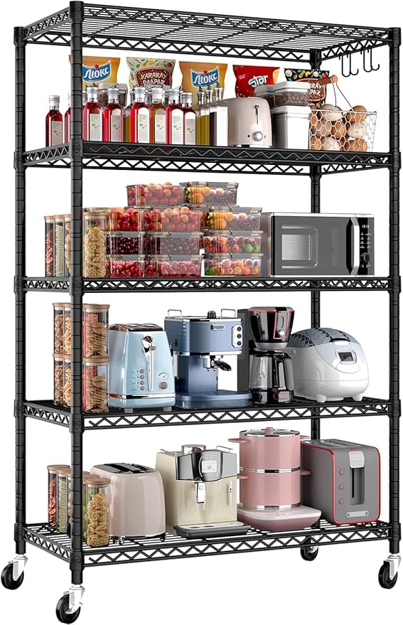 Xcity Storage Shelves, 5 Tier Heavy Duty Metal Shelving Unit with Wheels, 2000 LBS Capacity Adjustable Steel Wire Shelf Organizer for Pantry, Kitchen, Garage, 18" D x 36" W x 72" H, Black by Unknown