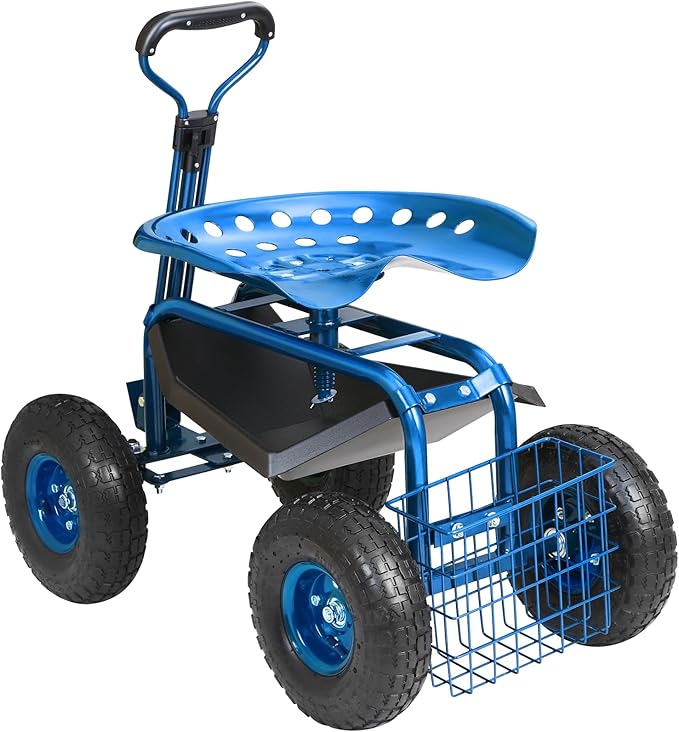 VEVOR Garden Cart Rolling Workseat with Wheels, Gardening Stool for Planting, 360 Degree Swivel Seat, Wagon Scooter with Steering Handle & Utility Tool Tray, Use for Patio, Yard, and Outdoors, Blue - Image 8