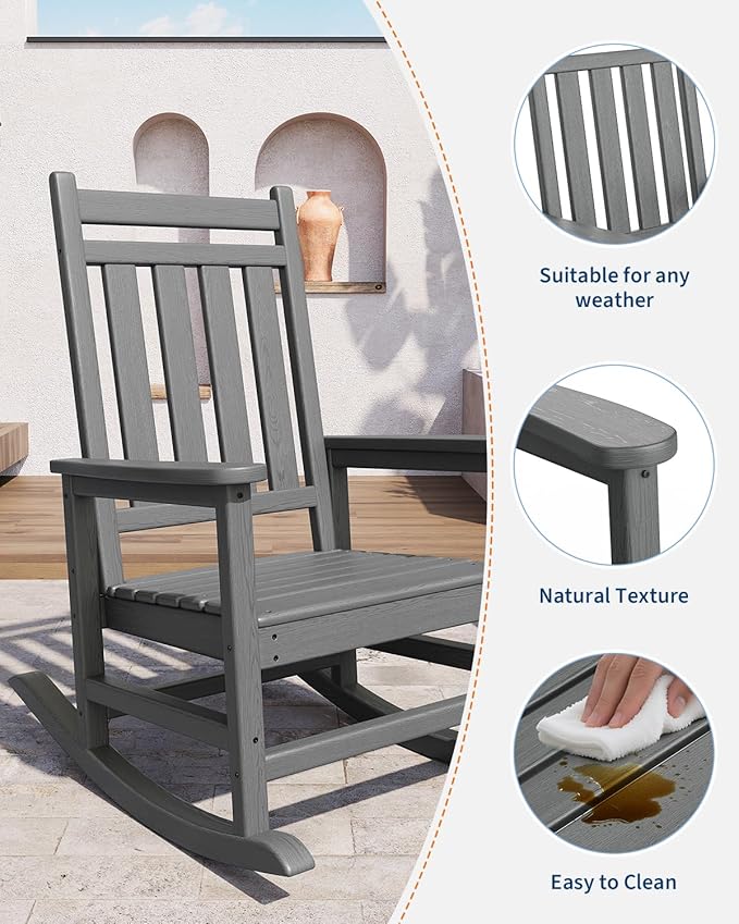 GarveeLife Poly Lumber Rocking Chair Outdoor - HDPE High Back Porch Rocker Chairs for Adults - All Weather Resistant Furniture for Patio - Grey - Image 4