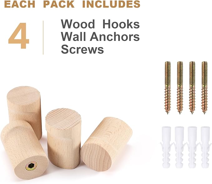 Wood Wall Hooks, 4 Pack Natural Wooden Coat Hooks Wall Mounted, Rustic Hat Hooks - Image 6