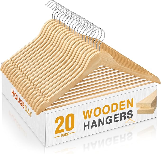 HOUSE DAY Slim Wooden Hangers 20 Pack, Solid Wood Hanger by HOUSEDAY