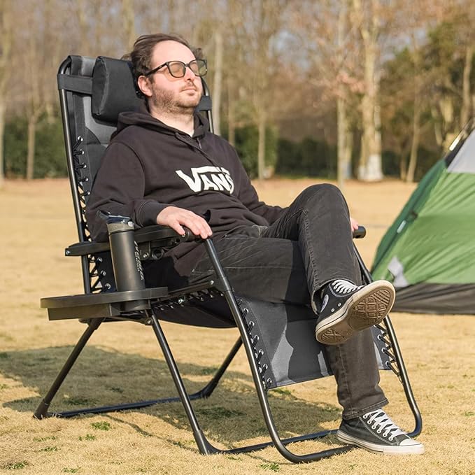 Zero Gravity Chair Set of 2 Oversized Padded Recliner with Adjustable Headrest & Cup Holder - 600D Oxford Folding Lounge Chair for Outdoor Camping, Patio, Poolside (Black & Gray) - Image 2