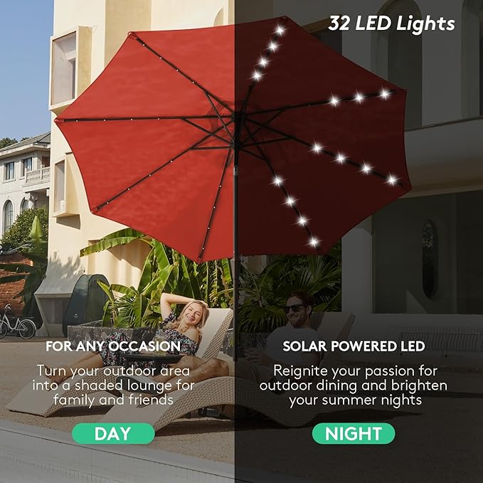 JEAREY 9FT Outdoor Patio Umbrella with Solar Lights, LED Lighted Pool Umbrella with Tilt and Crank, Outdoor Table Umbrellas for Deck, Yard & Market (Red) - Image 2