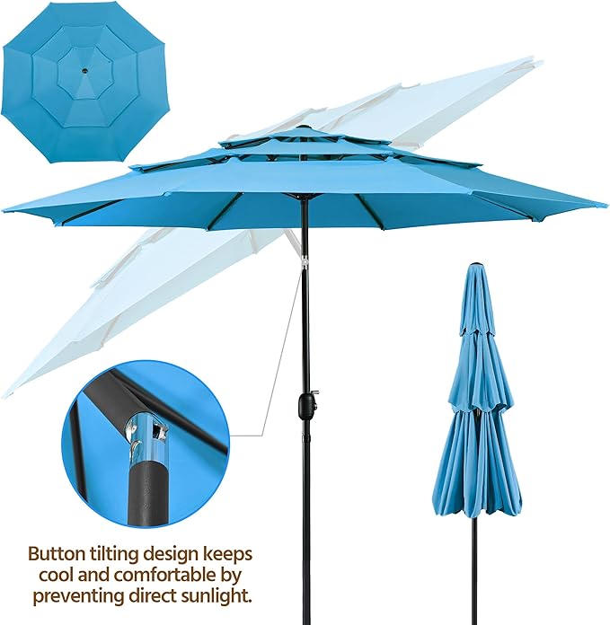 Yaheetech 3-Tier Patio Parasol 10ft Vented Outdoor Canopy Sun Shade Large Market Table Umbrella Double-layer Cloth & Push-button Tilting for Yard/Garden/Park Sky Blue - Image 6