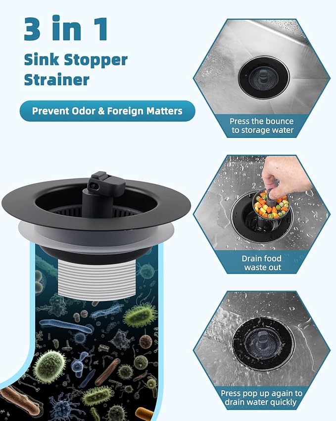 Universal 3 in 1 Kitchen Sink Drain Strainer Stopper Combo, Anti-Clog and Easy - Image 5