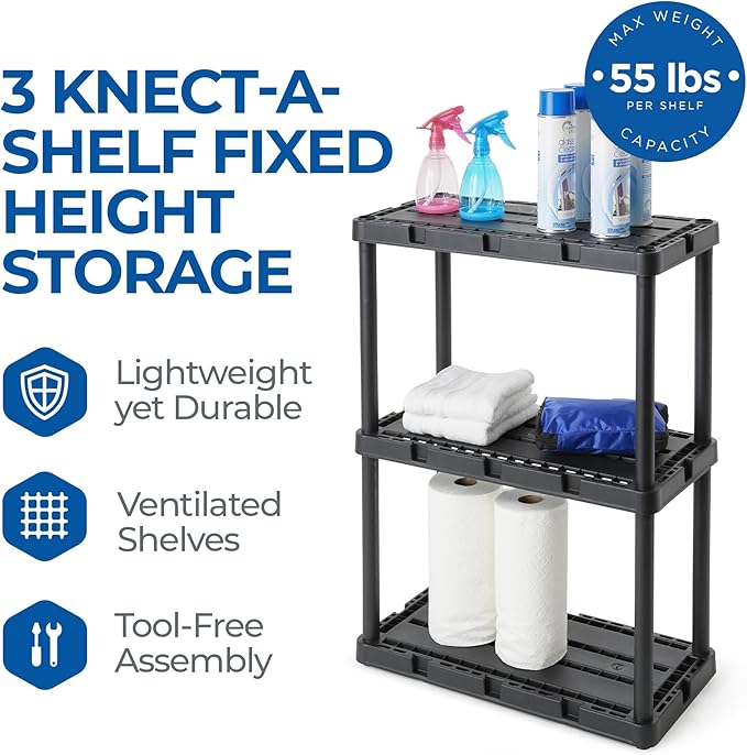 Gracious Living 3 Pack Light Duty Storage Shelves, Knect-A-Shelf 3-Shelf Ventilated Shelving Rack Organizer for Home, Garage, Basement, Laundry, Black - Image 4