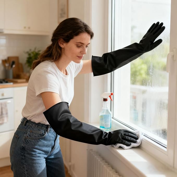 22"Black Anti-Slip Chemical Resistant Rubber Gloves, Long Heavy Duty Glove - Image 8