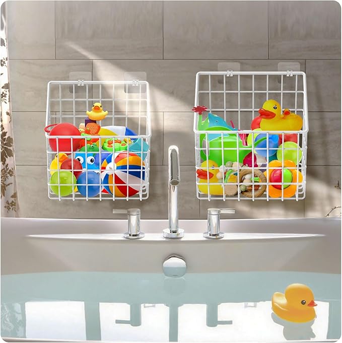 2 Pack Bath Toy Storage Organizer Basket, Large Metal Bathtub Toy Holder - Image 8