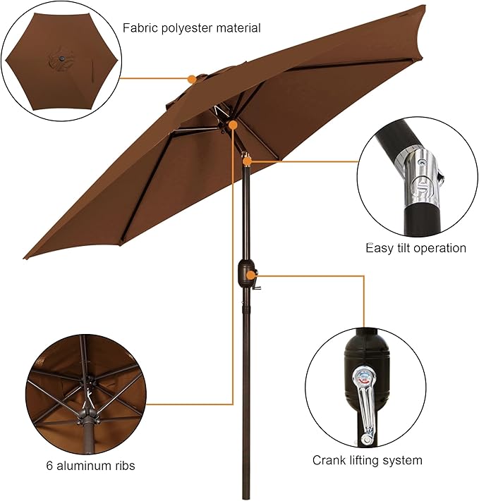 Blissun 7.5 ft Patio Umbrella, Yard Umbrella, Outdoor Market Umbrella with Push Button Tilt Crank, Brown - Image 2