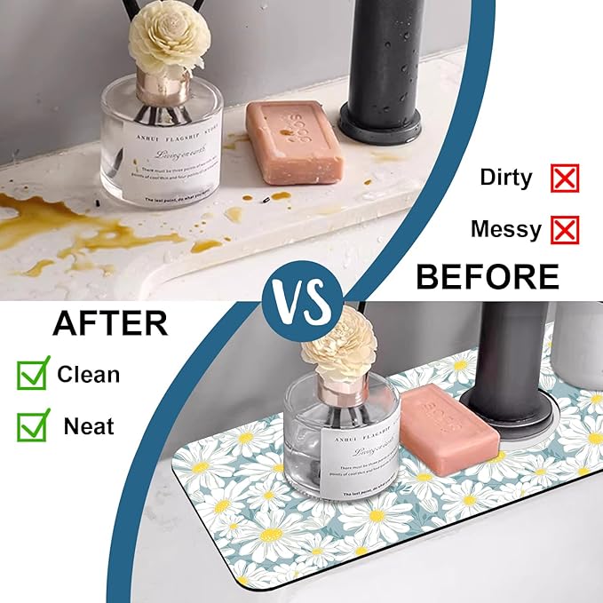 White Flower Sink Splash Guard Cute Chamomile Faucet Absorbing Mat Fast Drying - Image 6