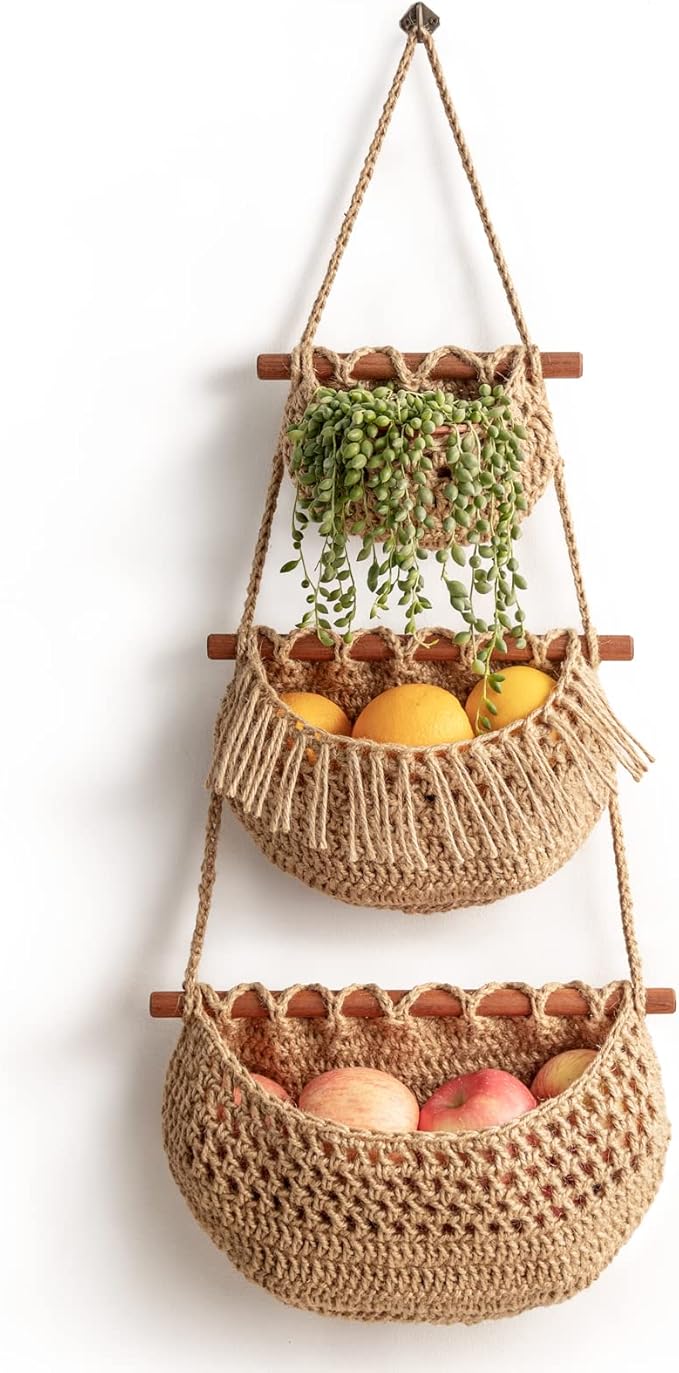 Hanging Fruit Basket, 3 Tier Over the Door Organizer, Handmade Woven Jute Wall by horpait