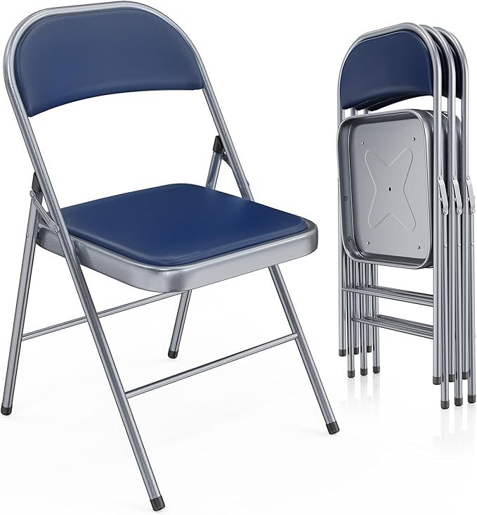VINGLI 4 Pack Folding Chairs with Padded Seats, Metal Frame with Pu Leather Seat & Back, Capacity 350 lbs, Blue by VINGLI