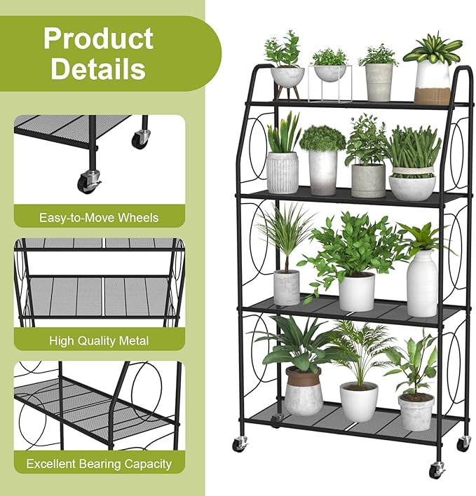 4 Tier Plant Stand with Wheels, Plant Shelf for Indoor Outdoor, Heavy Duty Metal Tall Plant Stands Holder Rack for Living Room Balcony and Garden, Black - Image 6