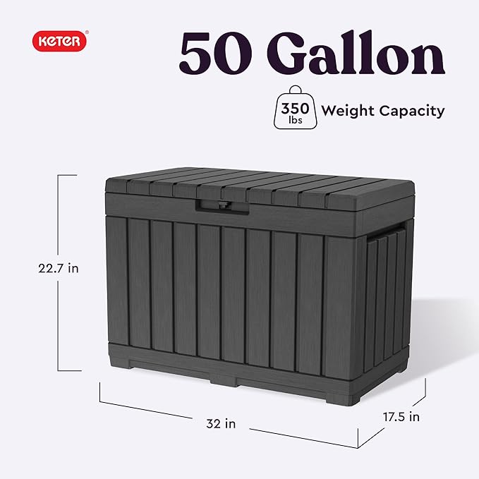 Keter Kentwood 50 Gallon Resin Deck Box for Outdoor Storage – Weather‑Resistant Balcony & Patio Box for Cushions, Throw Pillows & Garden Tools, Dark Grey - Image 2