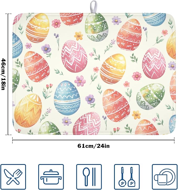 Easter Dish Drying Mat for Kitchen Counter Colorful Easter Eggs Floral Pattern - Image 2