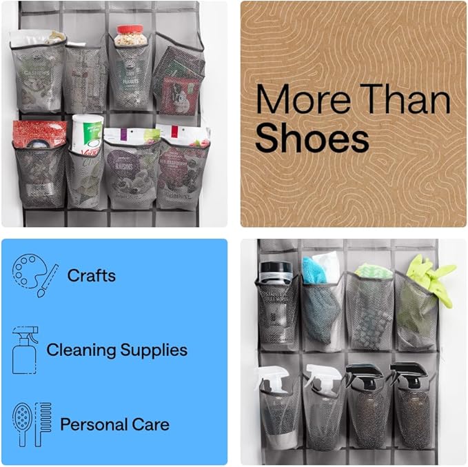 GORILLA GRIP Over the Door Shoe Organizer, 2 Pack, 24 Breathable Mesh Pockets - Image 6