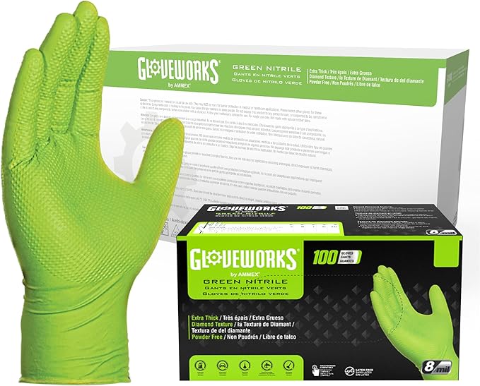 GLOVEWORKS HD Green Gloves, 8 Mil Nitrile Disposable Heavy Duty Raised Diamond by GLOVEWORKS