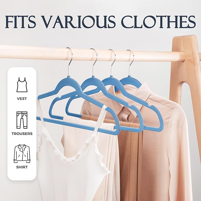 HOUSE DAY Tranquil Blue Velvet Hangers 60 Pack, Non Slip Clothes Felt Hanger - Image 3