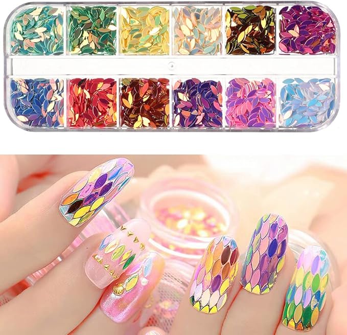 12 Colors Leaf Nail Art Glitter Sequins, Holographic 3D Leaves Nail Art Flakes by VezocimManicureArt