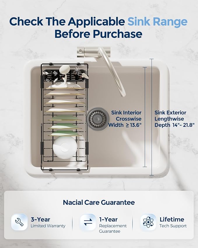 Nacial 2-in-1 Small Dish Drying Rack Fits 14''–21.8'' Sink, Dish Drainers - Image 9