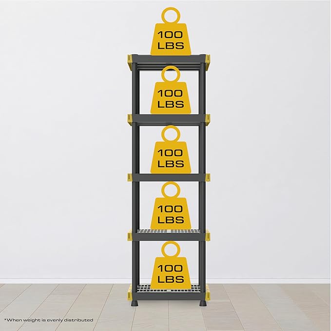 BLACK & YELLOW 5-Tier Heavy Duty Plastic Storage Shelving Unit, 5 Shelves Support up to 100lb/shelf, Organization and Storage, Weather-Resistant Design, Easy Assembly, American Made (72H x 24W x 20D) - Image 2
