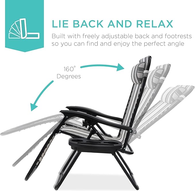Best Choice Products Set of 2 Adjustable Steel Mesh Zero Gravity Lounge Chair Recliners w/Pillows and Cup Holder Trays - Gray Stripes - Image 4