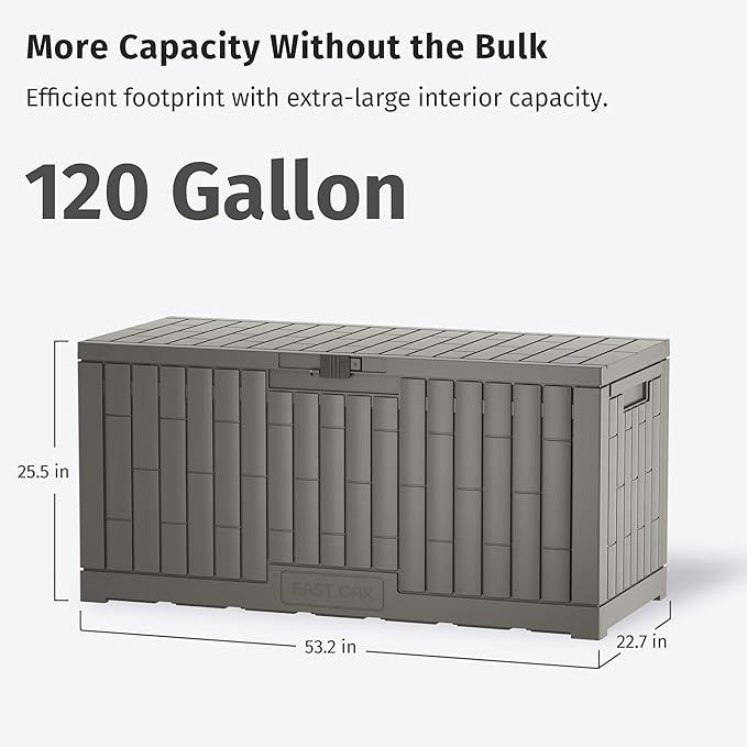 EAST OAK 120 Gallon Outdoor Storage Box | Large Resin Deck Box with Reinforced Stainless Steel Support | Waterproof & UV-Resistant Patio Storage Box for Cushions, Garden Tools & Pool Accessories, Grey - Image 9