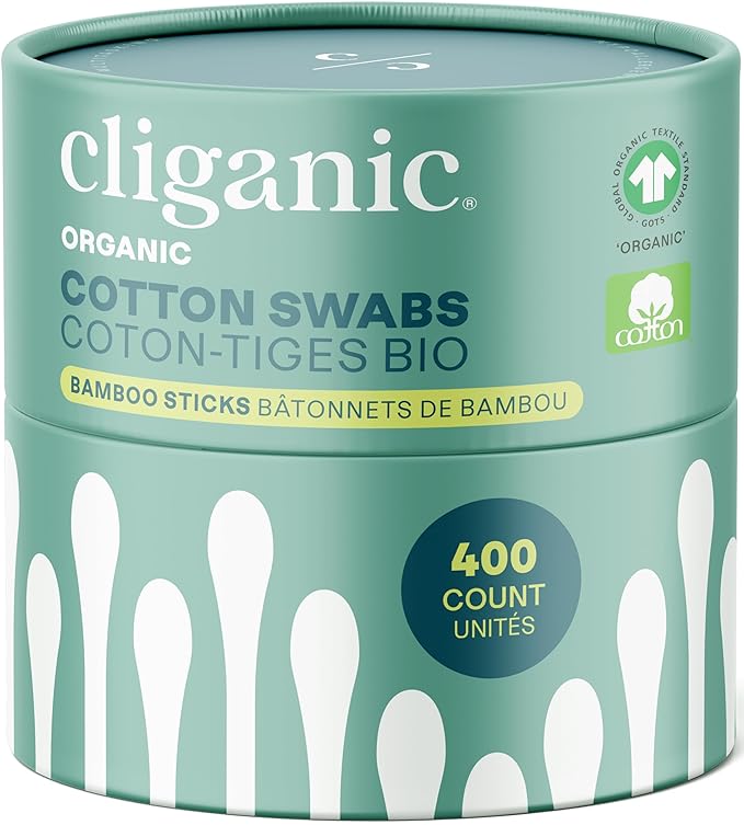 Cliganic Organic Bamboo Cotton Swabs, Chlorine-Free Hypoallergenic, Gentle & by Cliganic