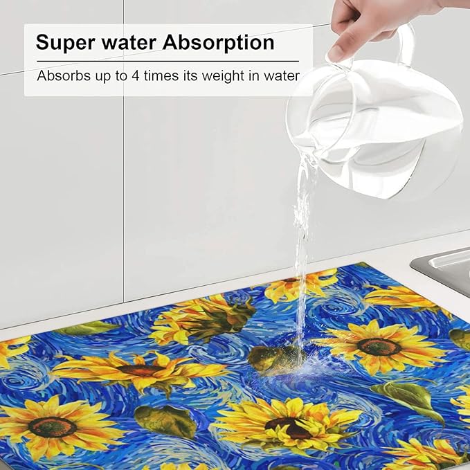 Starry Night Sunflower Blue Dish Drying Mat - Image 6