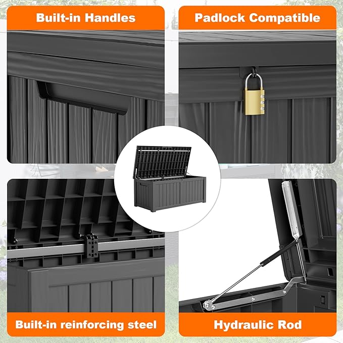 DRATO 120 Gallon Large Deck Box, Outdoor Storage Box for Patio Furniture, Patio Cushions, Gardening Tools, Pool Supplies,660lbs Weight Capacity,Waterproof Resin Storage Boxes（Black，120 Gallon） - Image 3