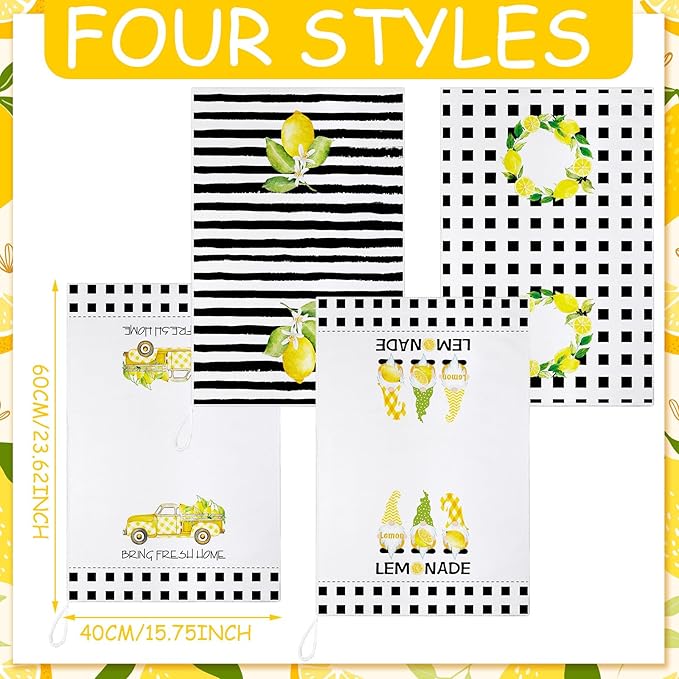 Bencailor 4 Pcs Lemon Kitchen Towels Lemonade Dish Towels Gnome Black and White - Image 5